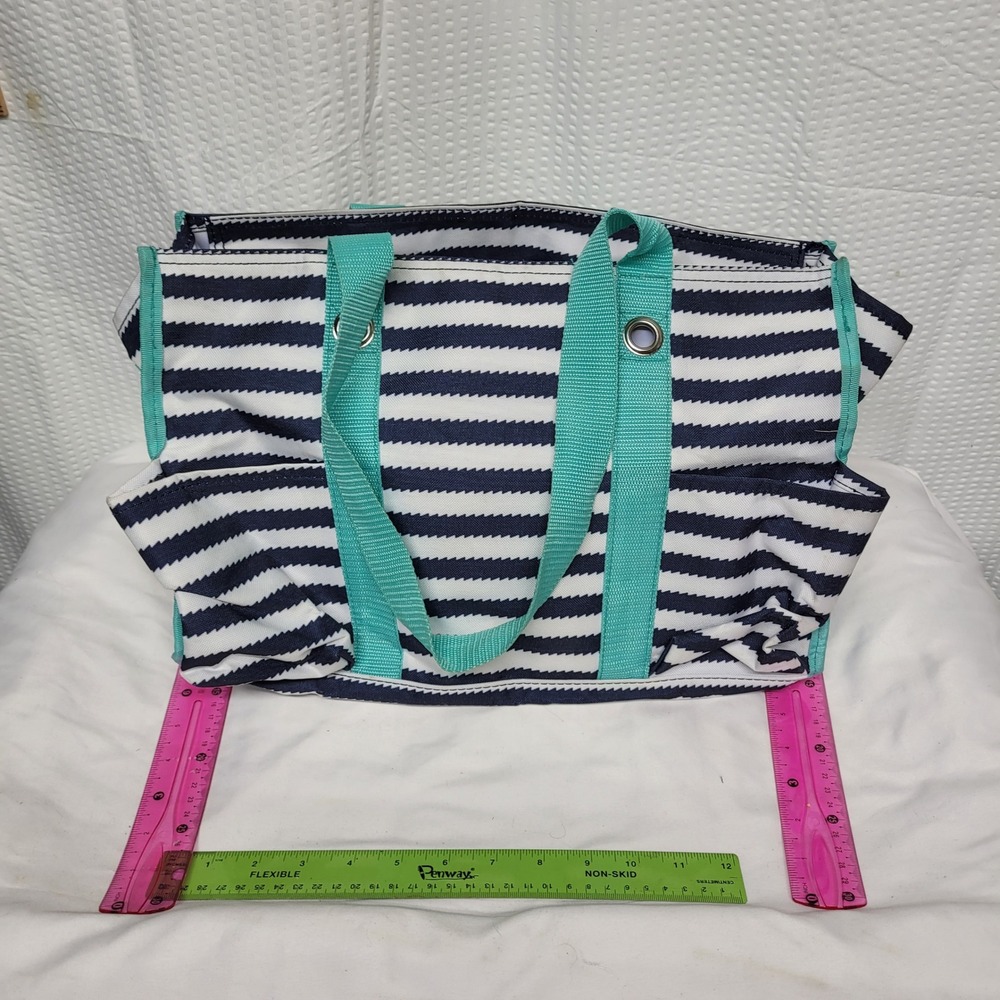 Thirty-One Zip-Top Utility Tote Navy White Stripe Teal Trim Bag